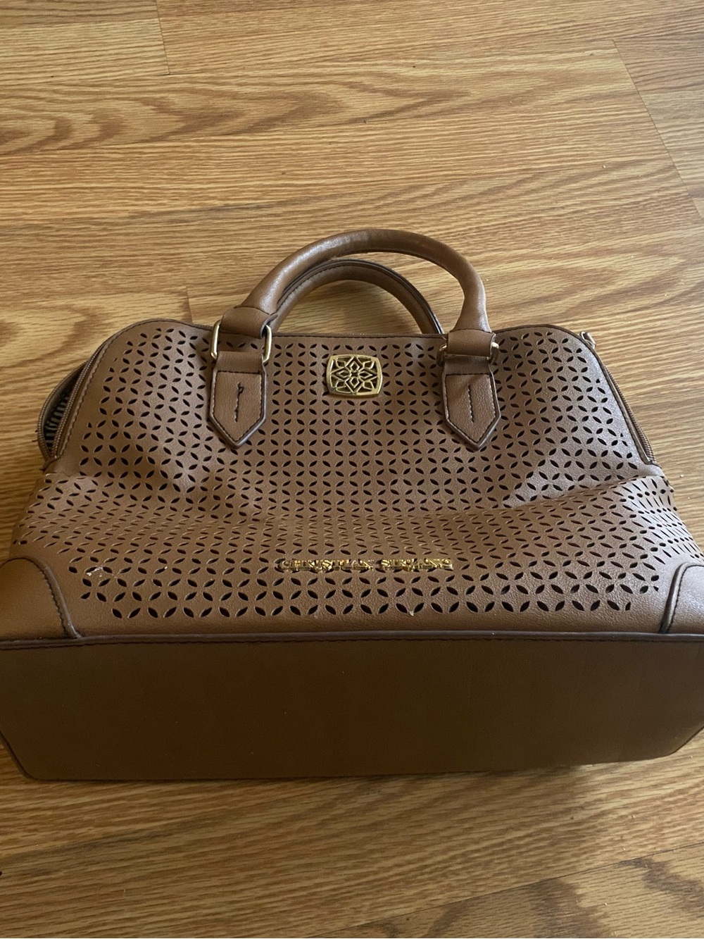 Christian Siriano Brown Perforated Satchel with Gold Accents